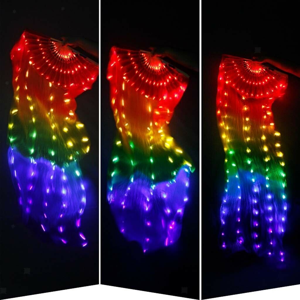 Real Silk Folding LED Lights Belly Dance Fan Veils Stage with USB Cable