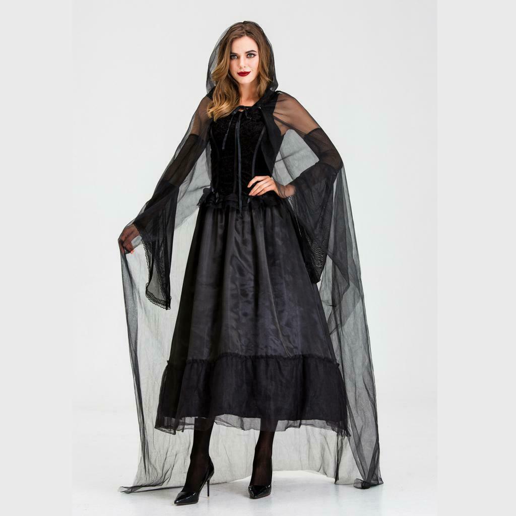 Women's Evil Witch Costume Halloween Party Fancy Long Dress Black Gown XL