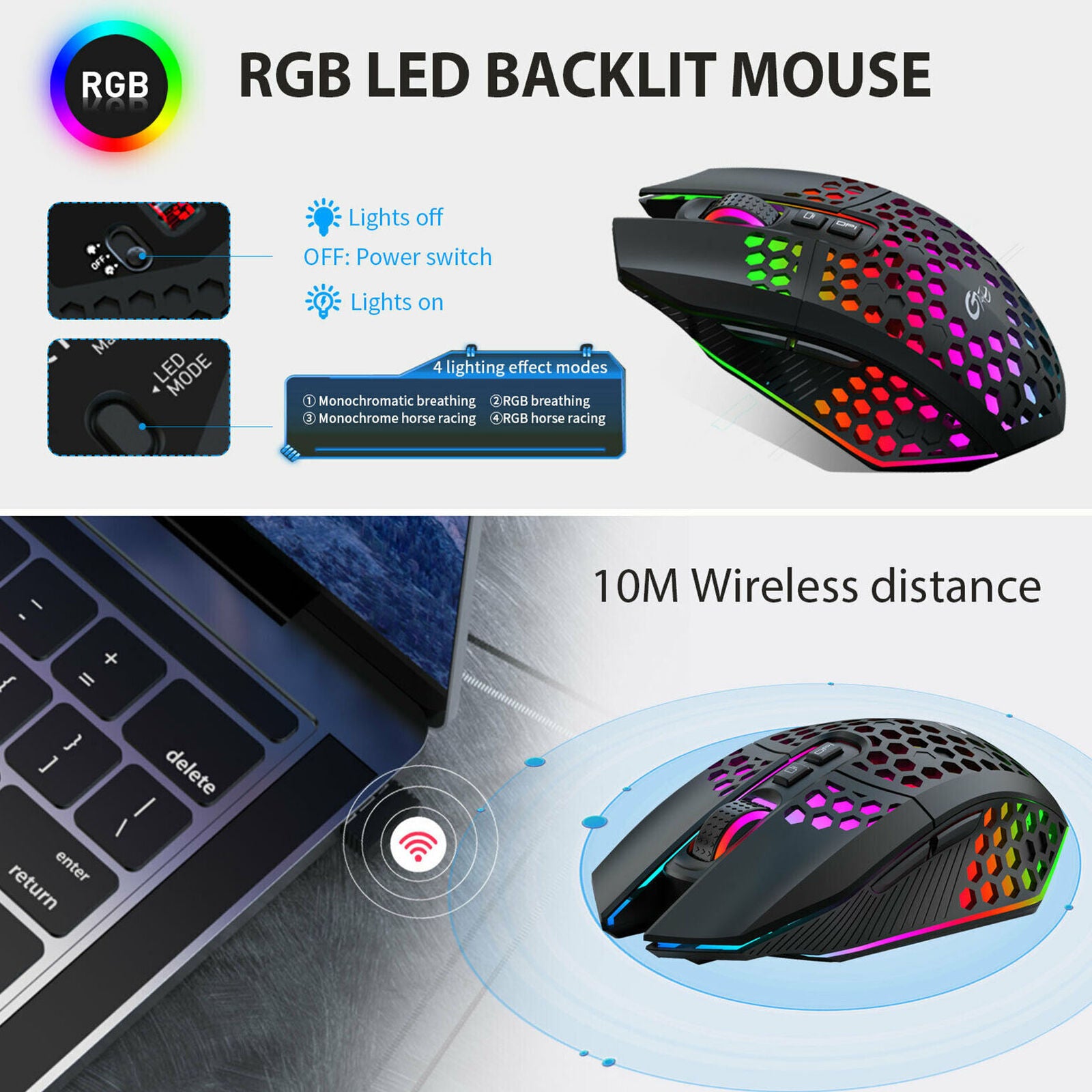 Wireless USB Gaming Mouse LED Backlit Optical Mice Rechargeable for PC Laptop