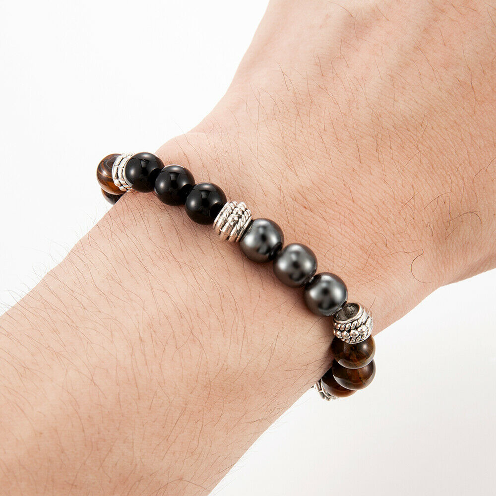 Energy Healing Stretch Bracelet Natural Stone Hematite Tiger Eye Obsidian Retro