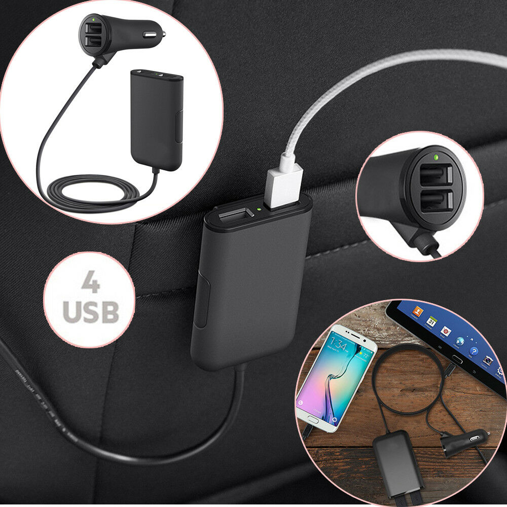 4 USB Car Charger Fast Charging Splitter Back Seat Rear Adapter Cable DC12-24V