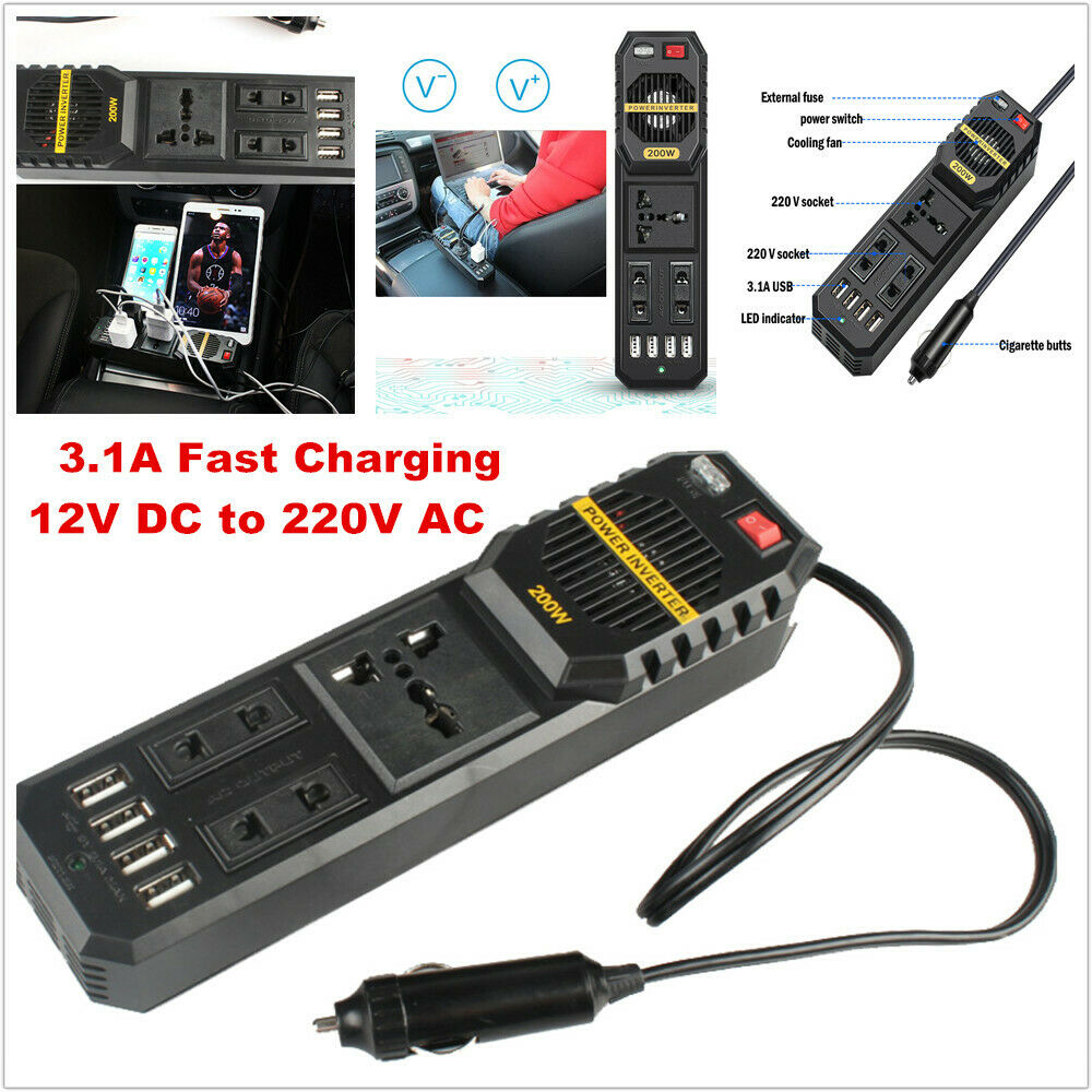 3.1A 4 USB Fast Charging Power Supply  DC to 220V AC Car Inverter Converter 200W