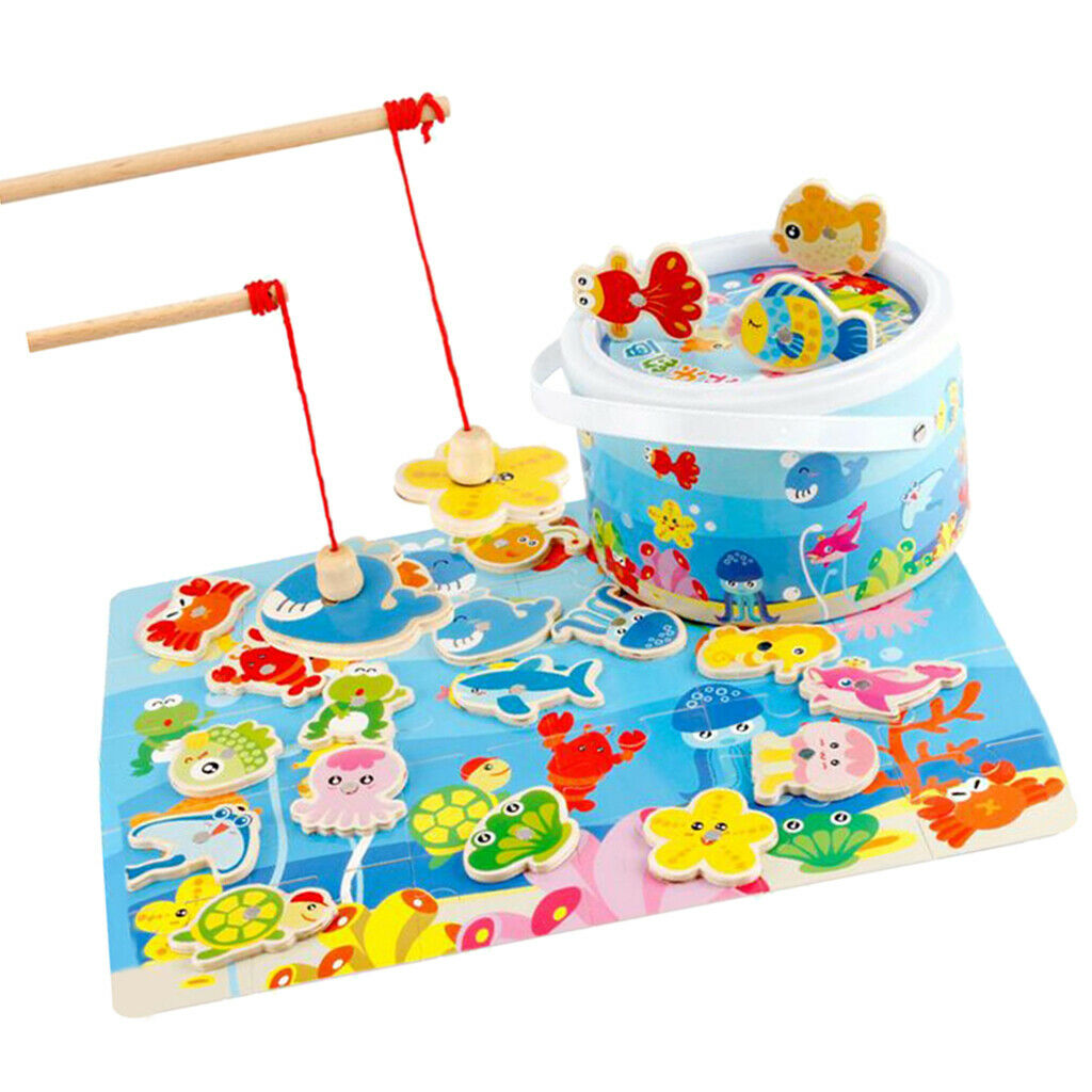 Toddler Wooden Magnetic Fishing Pole Set Game Go   Ocean Animals