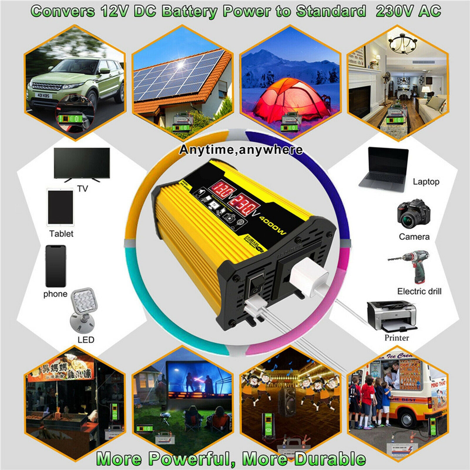 Power Inverter with Dual USB and Lighter Outdoor Power Supply Yellow 110V D