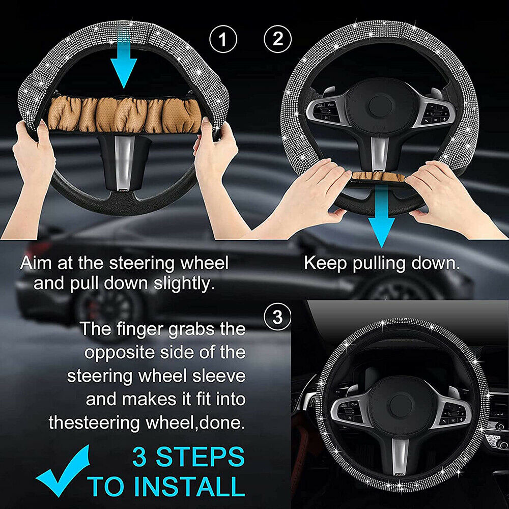 Car Steering Wheel Cover Rhinestones Breathable Anti-Slip Wheel Protector Cover