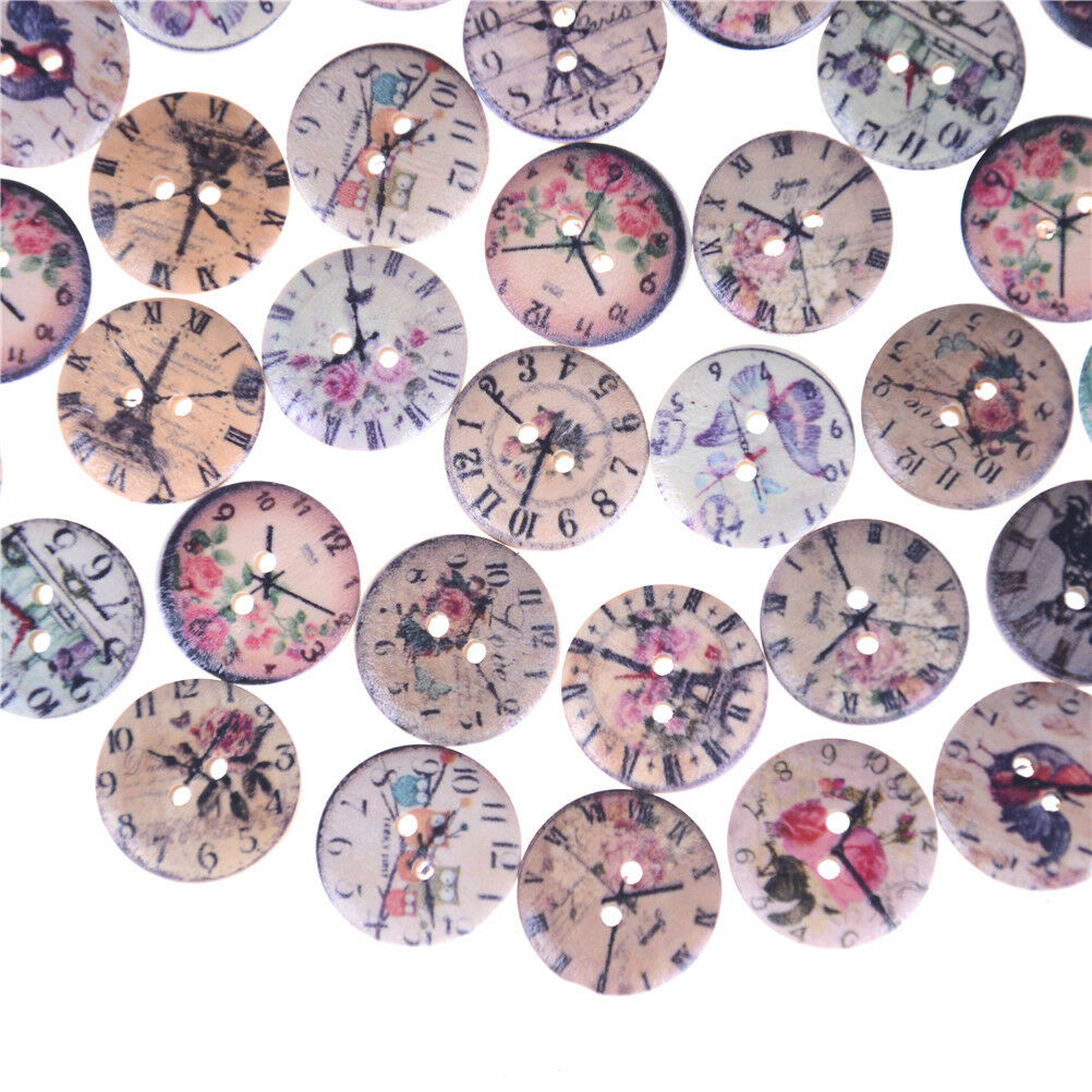 50pcs/set Retro Clocks Woodens Buttons 2Holes Painted Mini Wooden Buttons Cra SJ