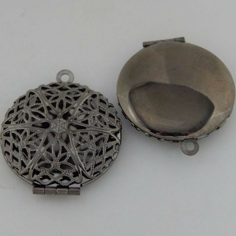 3 pieces Gun-black Brass Charm Hollow Round Locket Pendants Craft Findings
