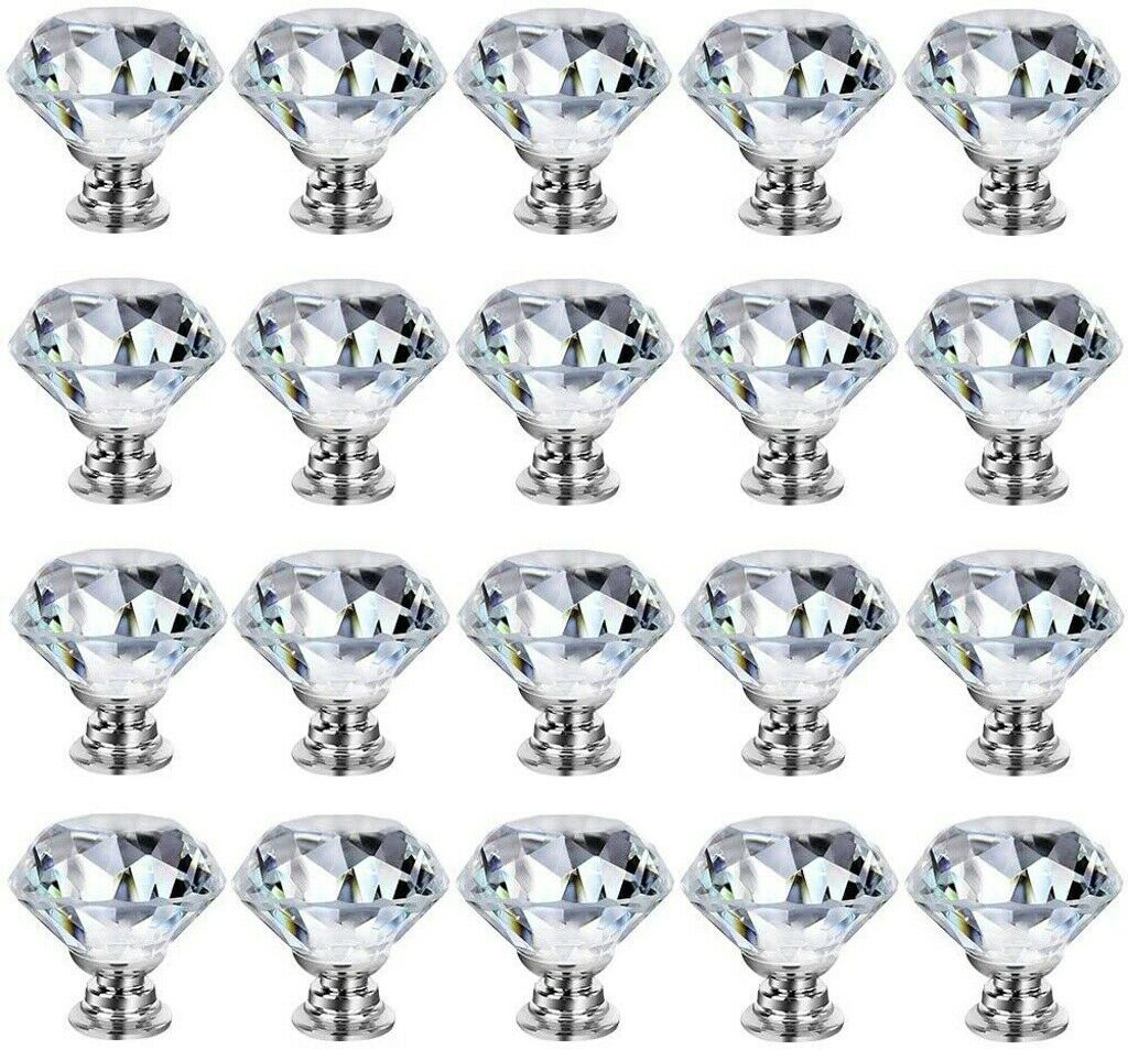 30mm Glass Diamond Crystal Dresser Knobs Drawer Pull Handle Cabinet Door 20PCS