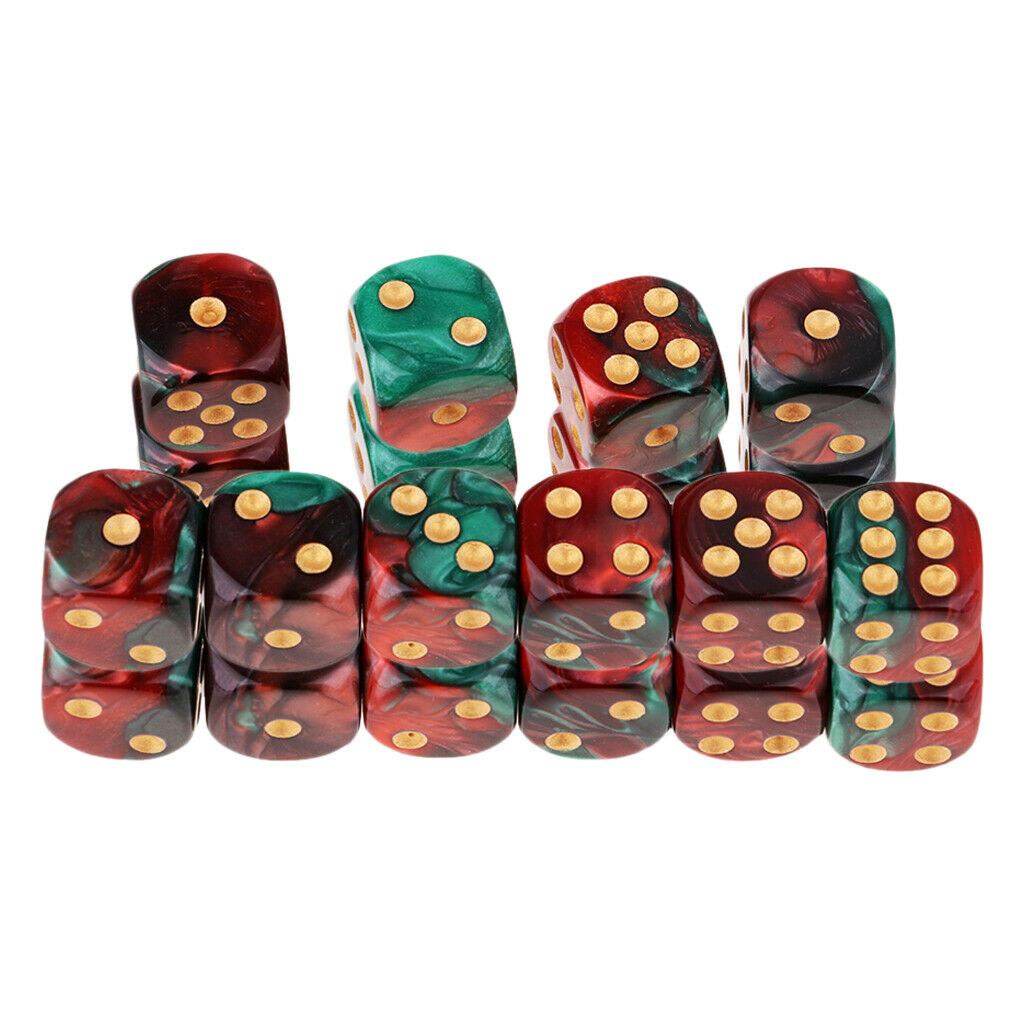 Set of 20, 6 Sided 16mm Gaming Dice Set Red and Green with Golden Pips