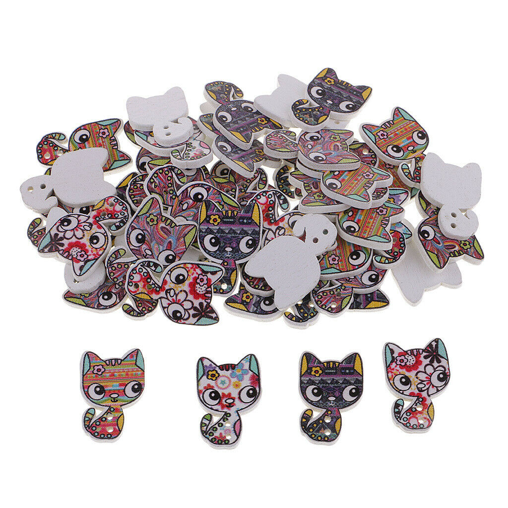 50Pcs Cartoon Animal Cat Wood Buttons Sewing Crafts Accessories 26*17mm