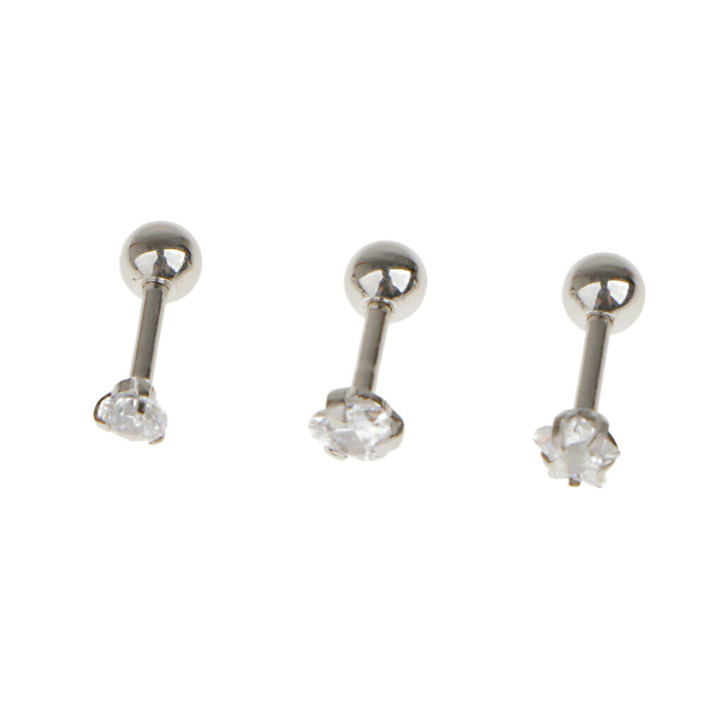 3Pcs Assorted 316L  Steel Clear Zircon  Piercing Studs