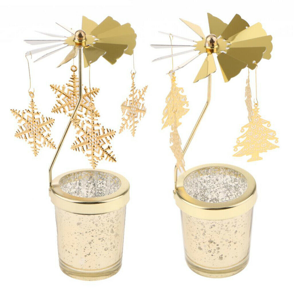 2x Xmas Rotatingg Carousel Tealight Candle Holder Decor Golden