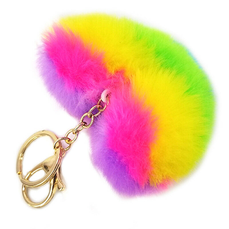 Rainbow Heart Key Chain Pompom Ball Keychain Fluffy Bag Keyring Xmas G.l8