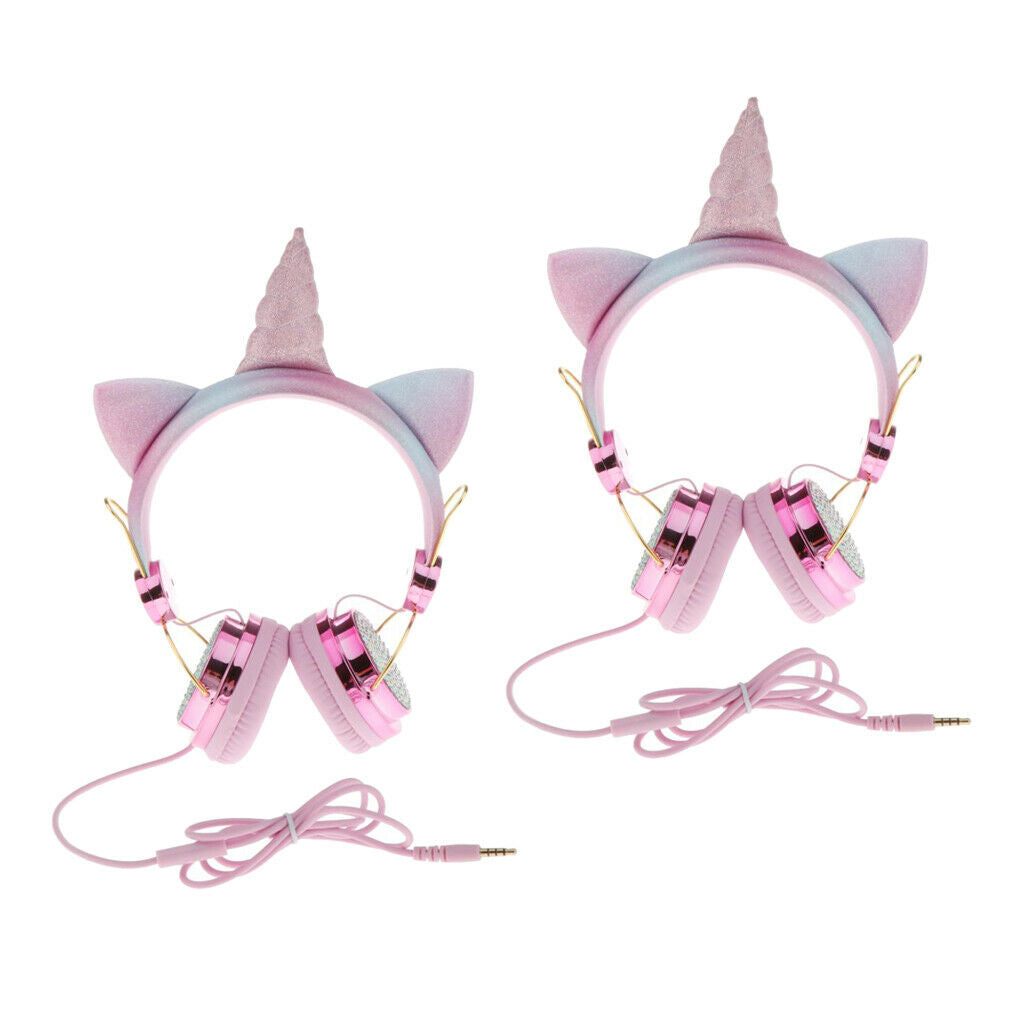 2Pcs Unicorn Glitter Kids Wired Stereo On Ear Headphone for Girls Children