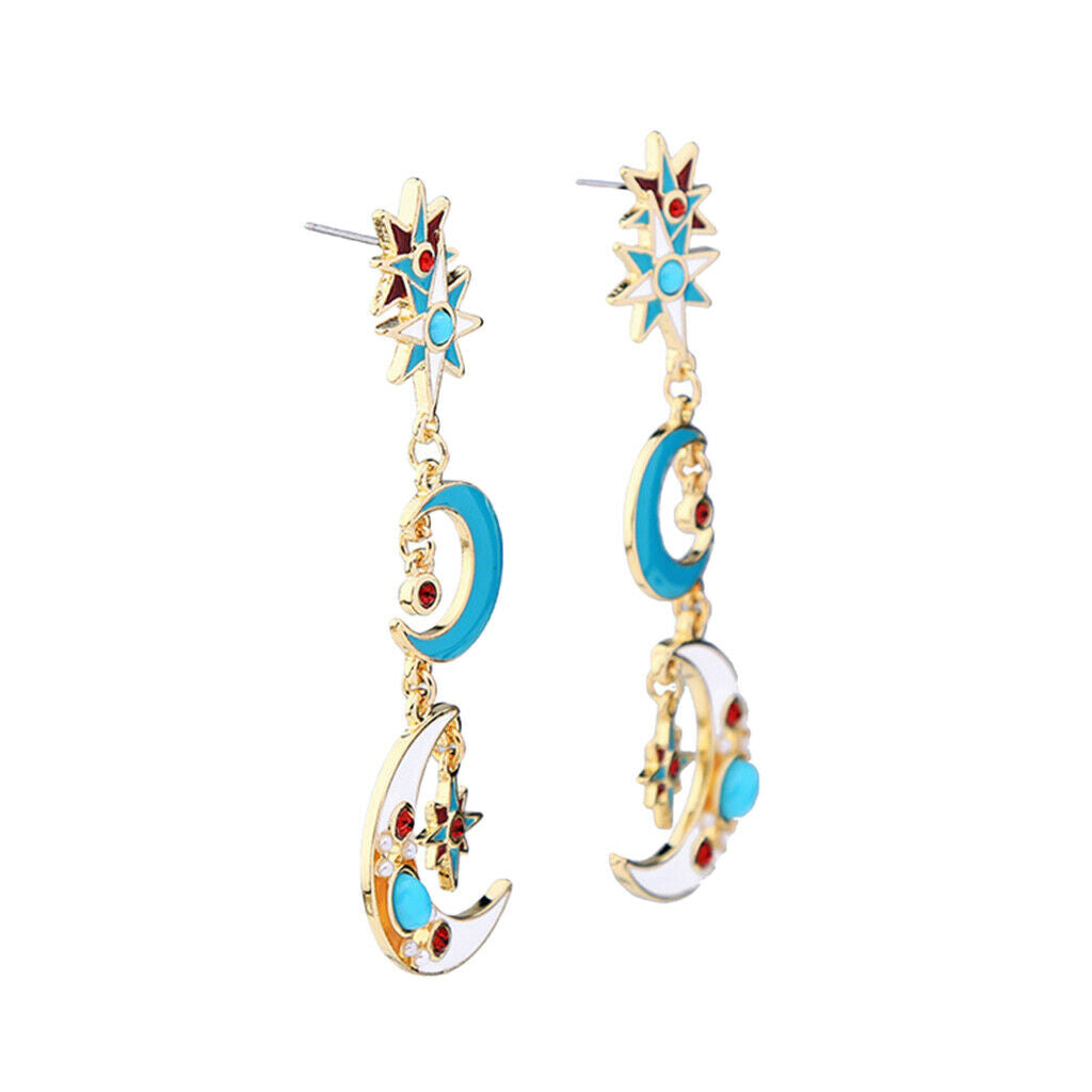 Metal Alloy Cute Charms Long Tassel Earrings Enamel Star Moon Stud Dangle
