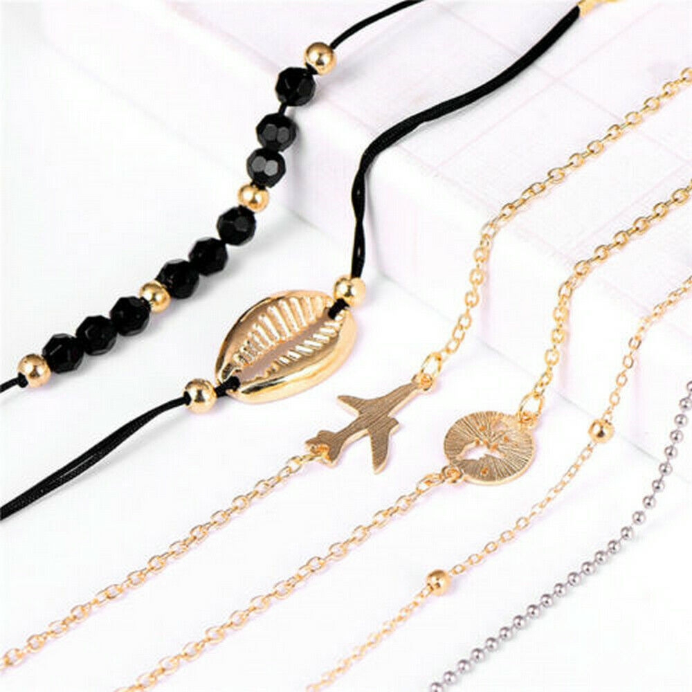 6 Pcs Fashion Women Boho Shell Airplane Beads Map Chain Bracelet Bangle Jewelry