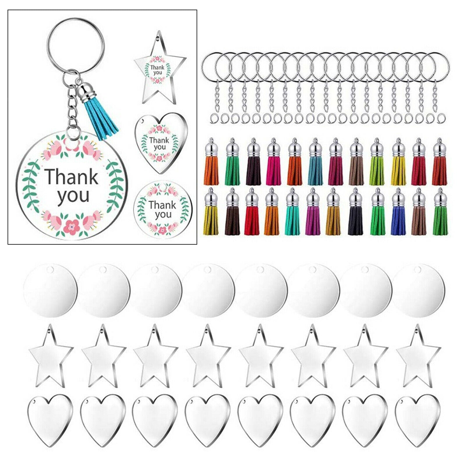 96x DIY Keychain Kit Key Chain Acrylic Discs Jump Rings Jewelry Crafts
