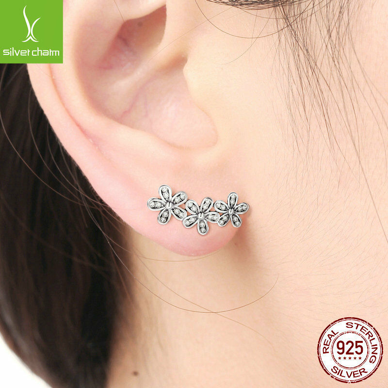 Authentic Dazzling Daisy Flower CZ stud Earrings fit sterling 925 women Jewelry