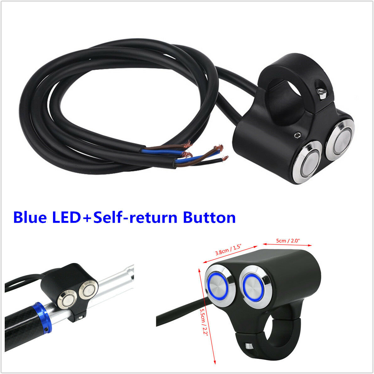 Dual Button Blue LED 7/8" Motorcycle ATV Handlebar Engine Horn Start Kill Switch