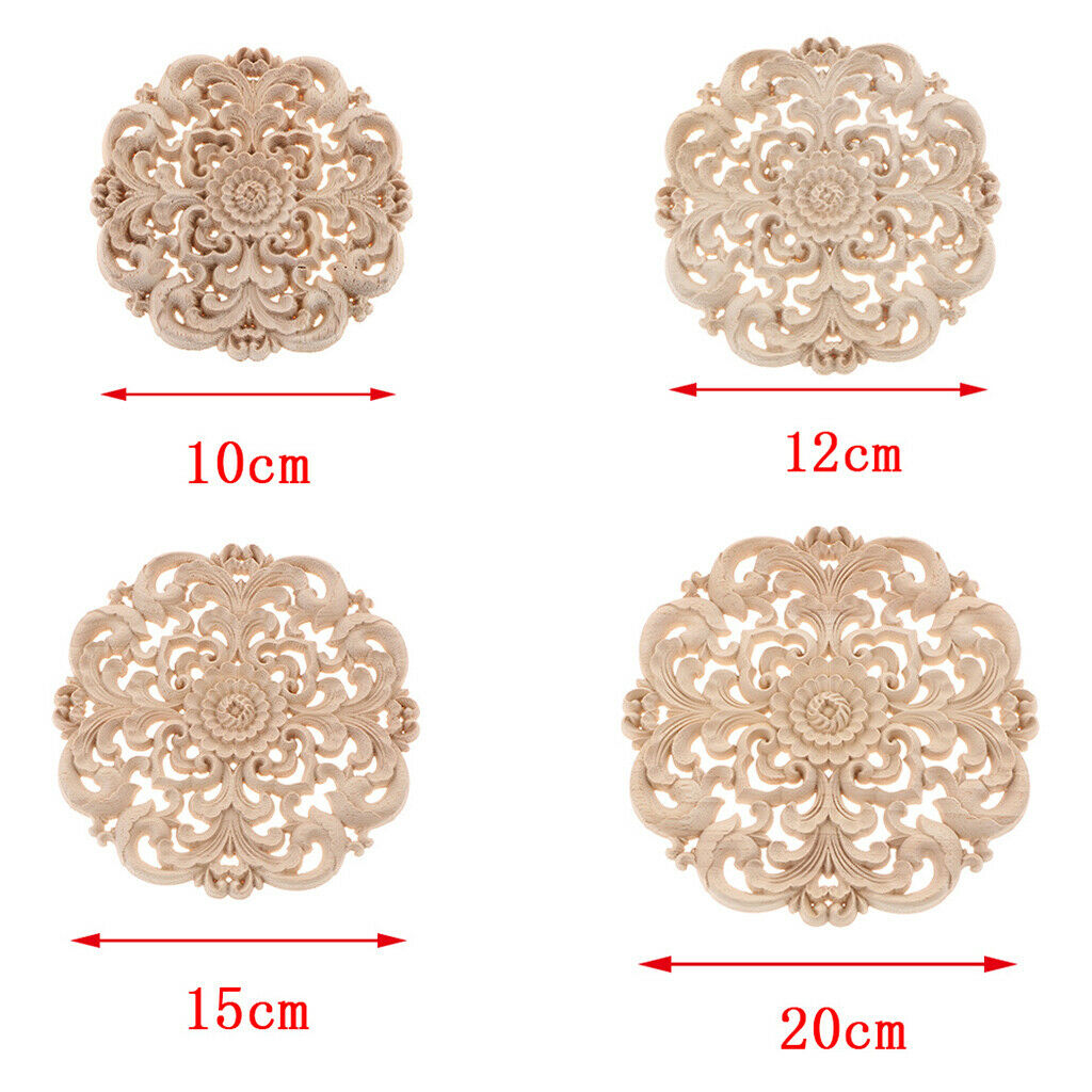 4Pcs Round Natural Wood Carved Flower Corner Onlay Applique Frame Unpainted