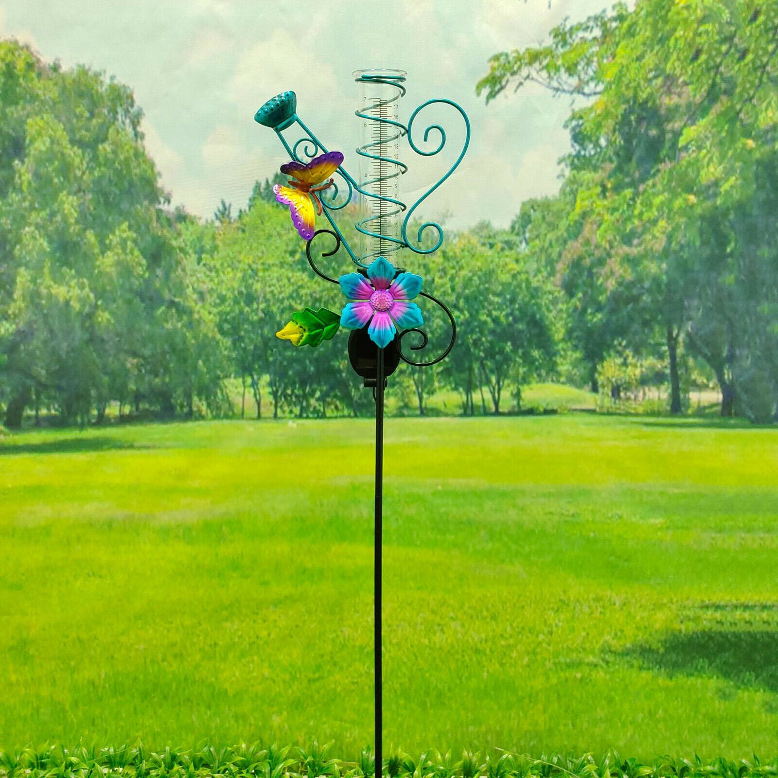 Solar Powered LED Lighted Metal Butterfly Flower Rain Gauge Garden Stakes Light