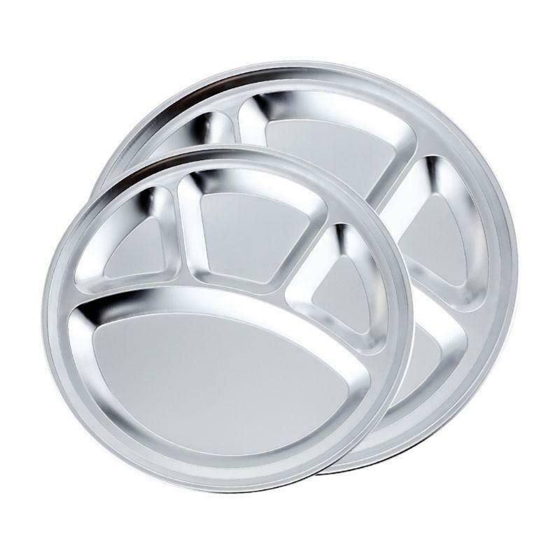 4pcs Stainless Steel 4 Sections Round Divided Plate Dish Snack Dinner Tray Lunch