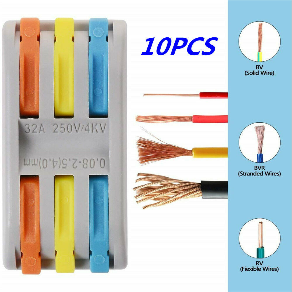 10PCS REUSABLE SPRING LEVER TERMINAL BLOCK ELECTRIC CABLE WIRE CONNECTOR PCT-2-3