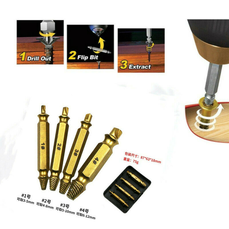 4 PCS Broken Bolt Damage Screw Remover Extractor Drill Bits Stud Reverse Set