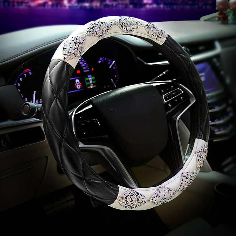 1PCS Car SUV Truck Steering Wheel Cover 38cm/15" Deluxe PU Leather Bling Diamond