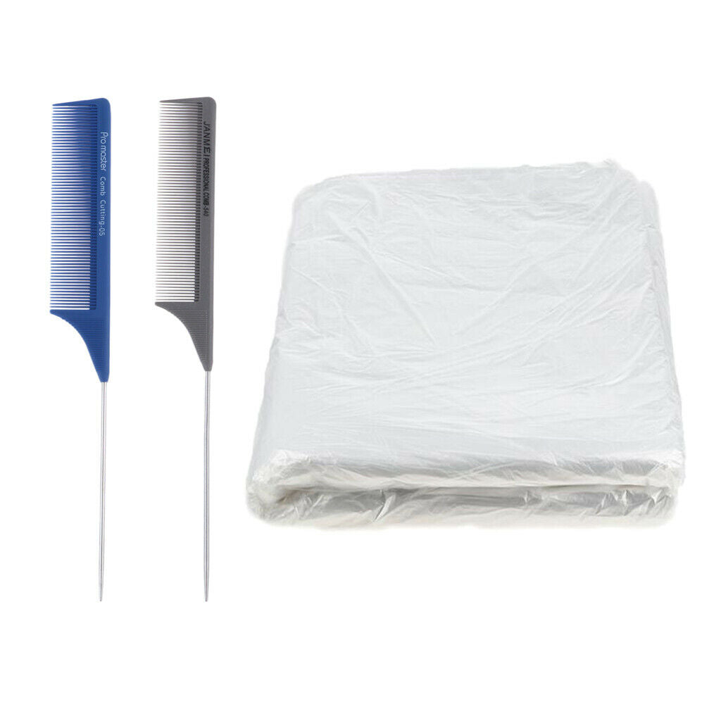 50pcs Plastic Cutting Styling Capes Cloth w/ 2pcs Pintail Combs for Salon