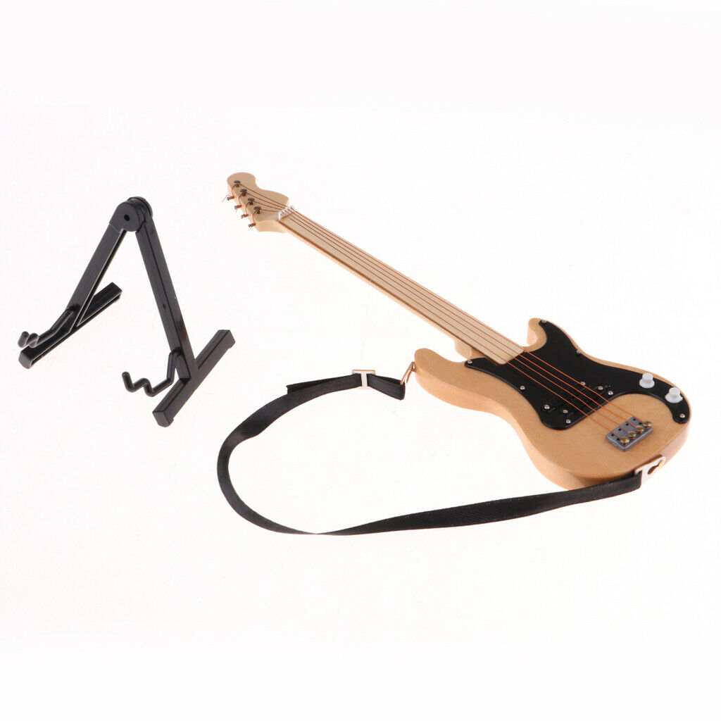 Handmade Wooden Electric -bass with Holder for 1/6 of The Toys
