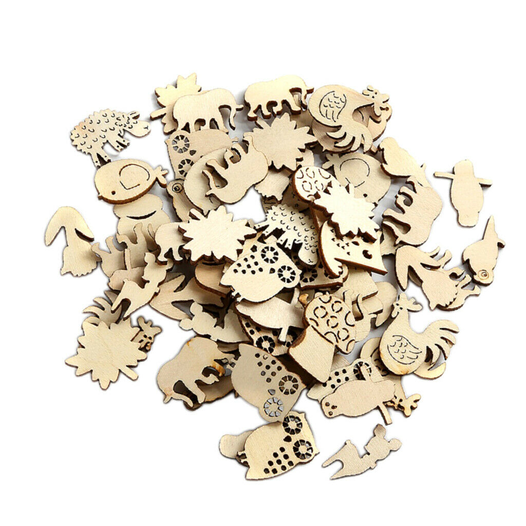 50 Pack Natural Wooden Embellishment Mixed Animals Wood Shapes Craft Pieces for
