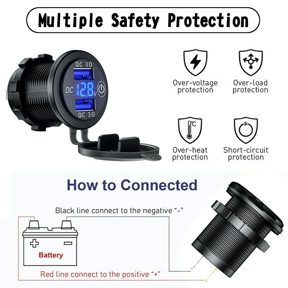 Adapter QC3.0 12V Car Boat Charger Socket Voltmeter With Switch L4-A Blue Light