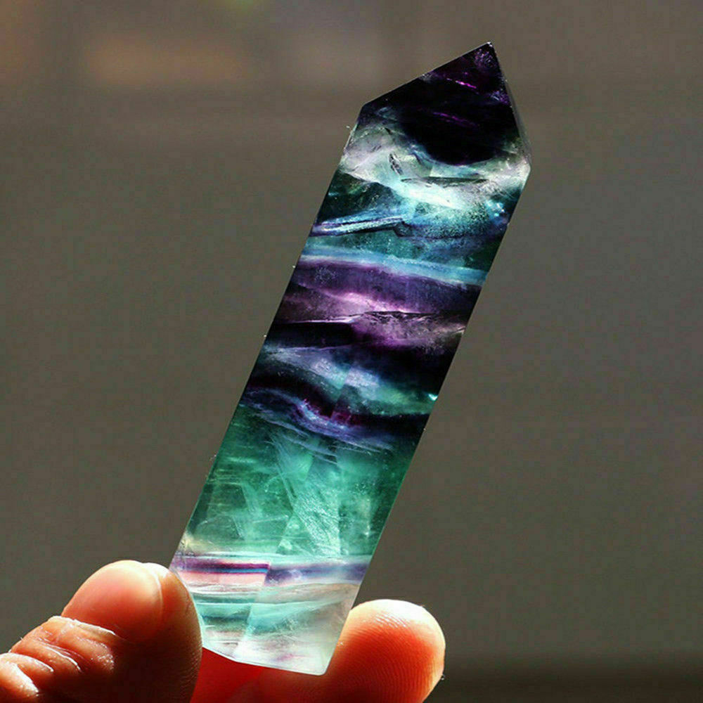 US 100% Natural Rainbow Fluorite Quartz Crystal Wand Point Healing Stone 50~60MM
