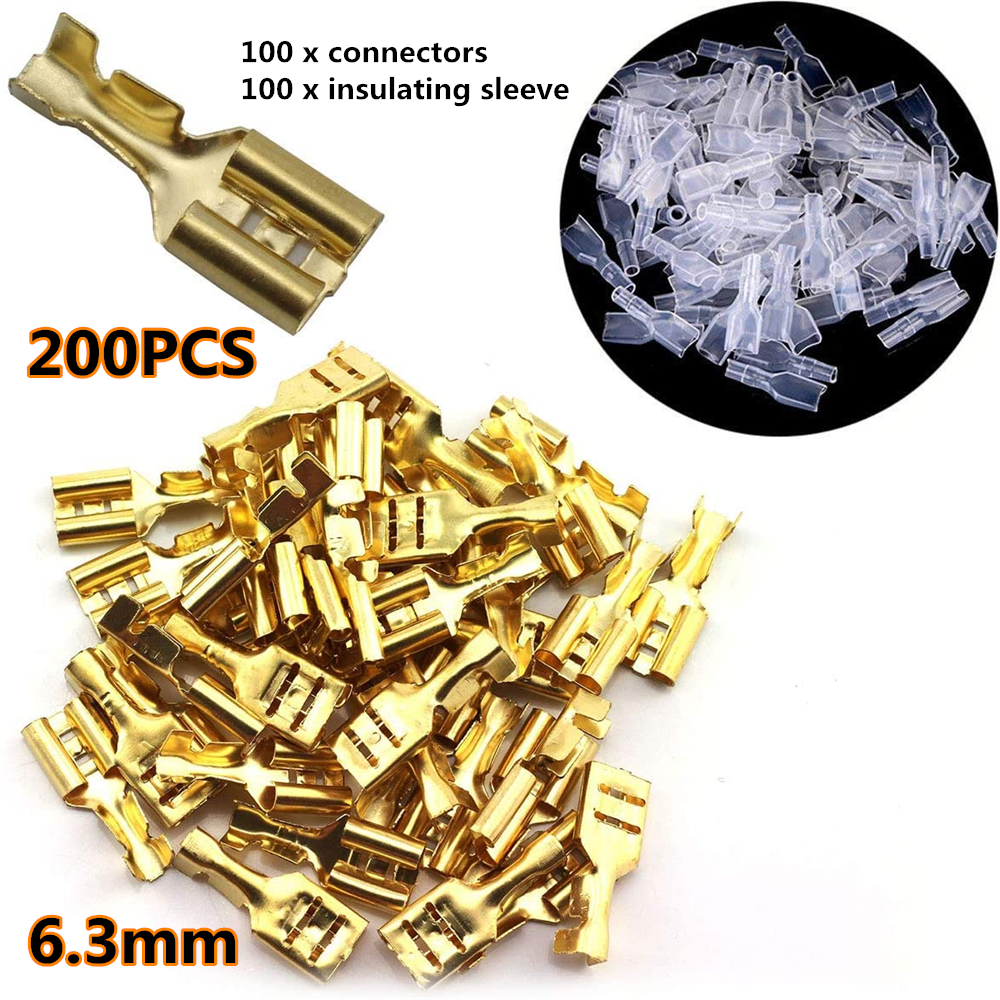 100Pcs 6.3mm Crimp Brass Crimp Female Spade Connector Terminal Insulating Sleeve