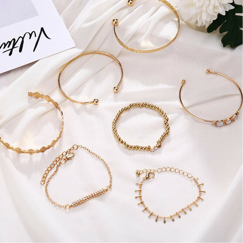7Pcs/Set Bohemian Retro Crystal Geometry Open Bangle Bracelet Women Jewel.l8