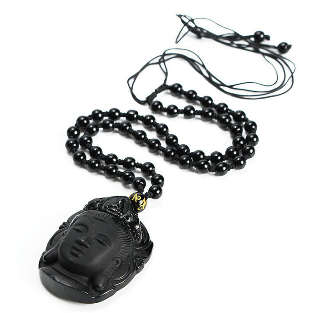Natural Black Obsidian Carved Buddha Head Lucky Amulet Pendant Necklace Women