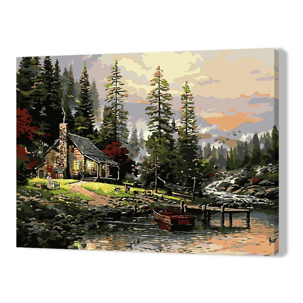 DIY Digital Oil Painting By Numbers Riverside Hut Canvas Acrylic Wall Art  @