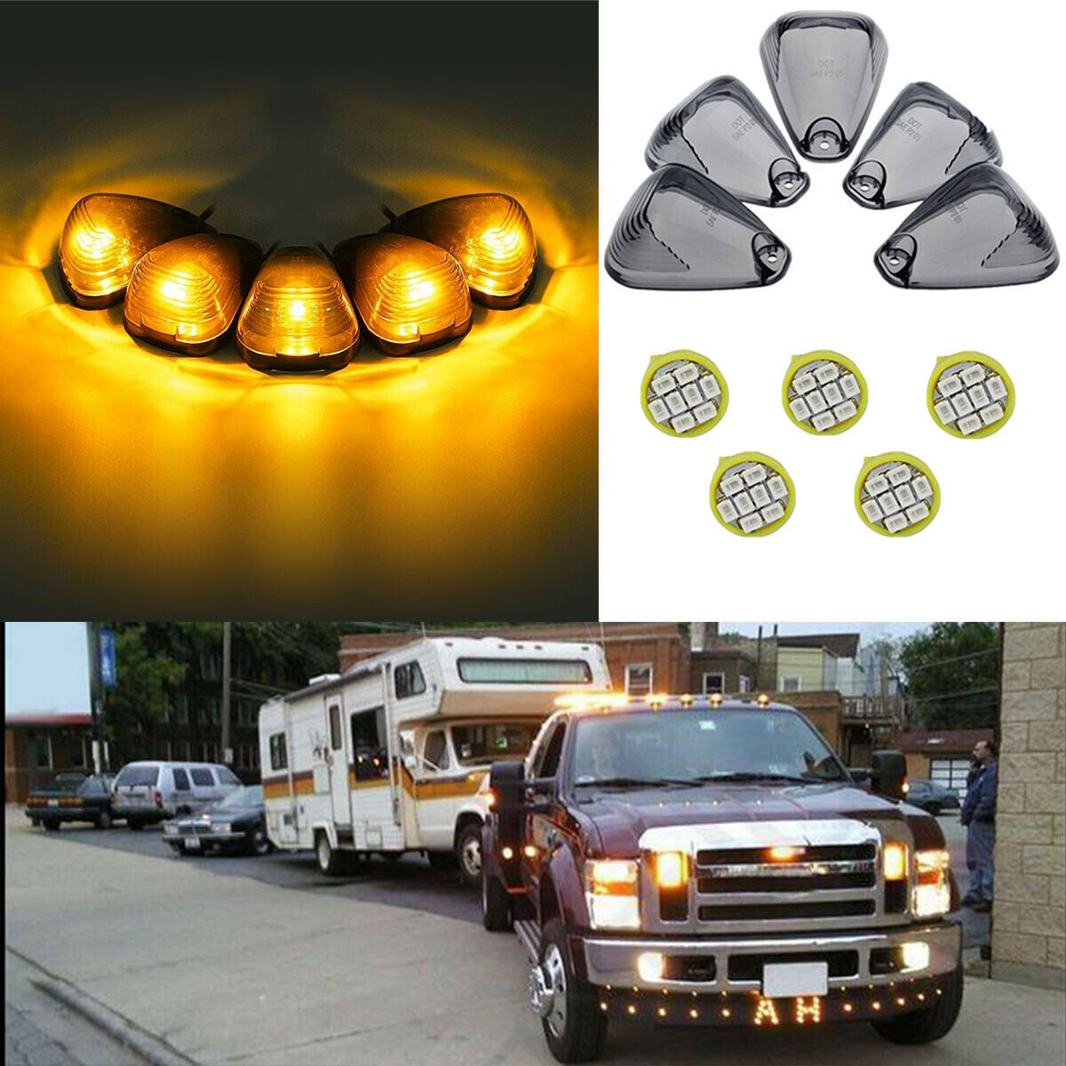5XSmoke Cab Marker Light Lens Roof Running Cover+ LED light for Truck SUV Ford