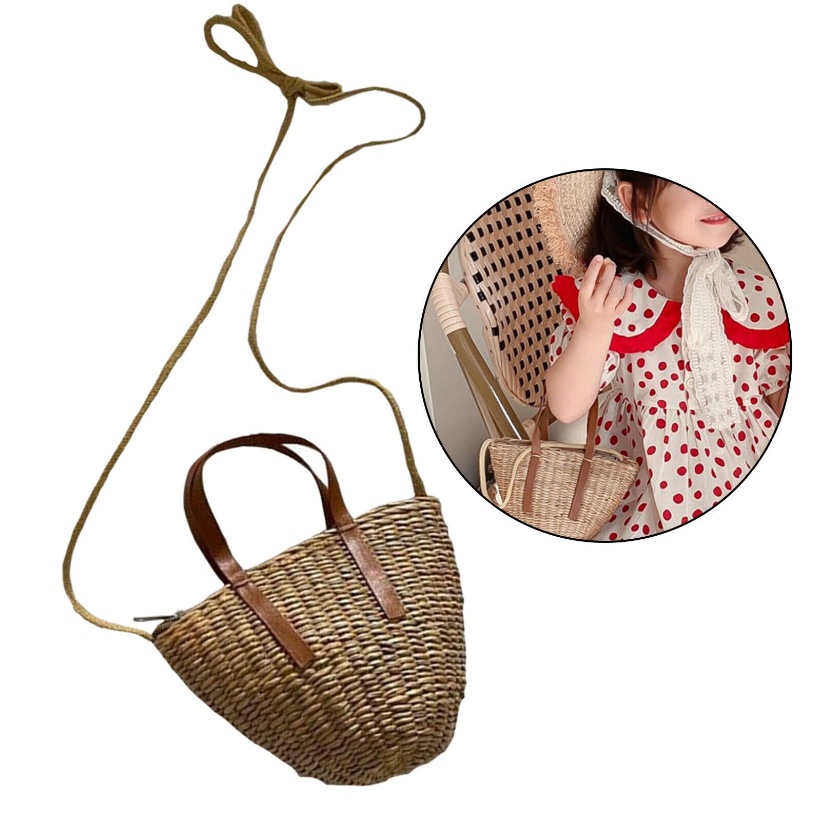 Bamboo Wicker Bike Basket Backpack with Lid and Shoulder Strap for Kids