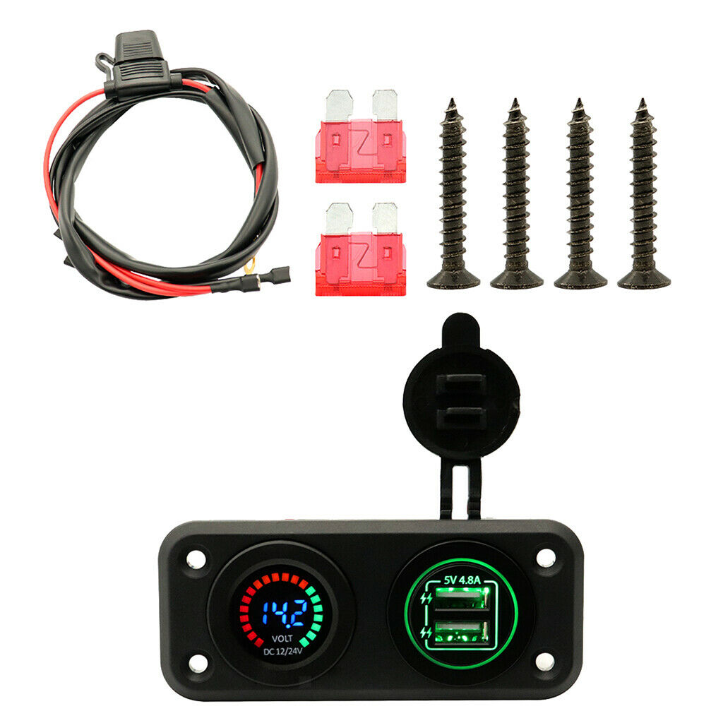 All-In-1 USB Car Socket +LED Voltmeter Panel for Car Vehicle Marine Green