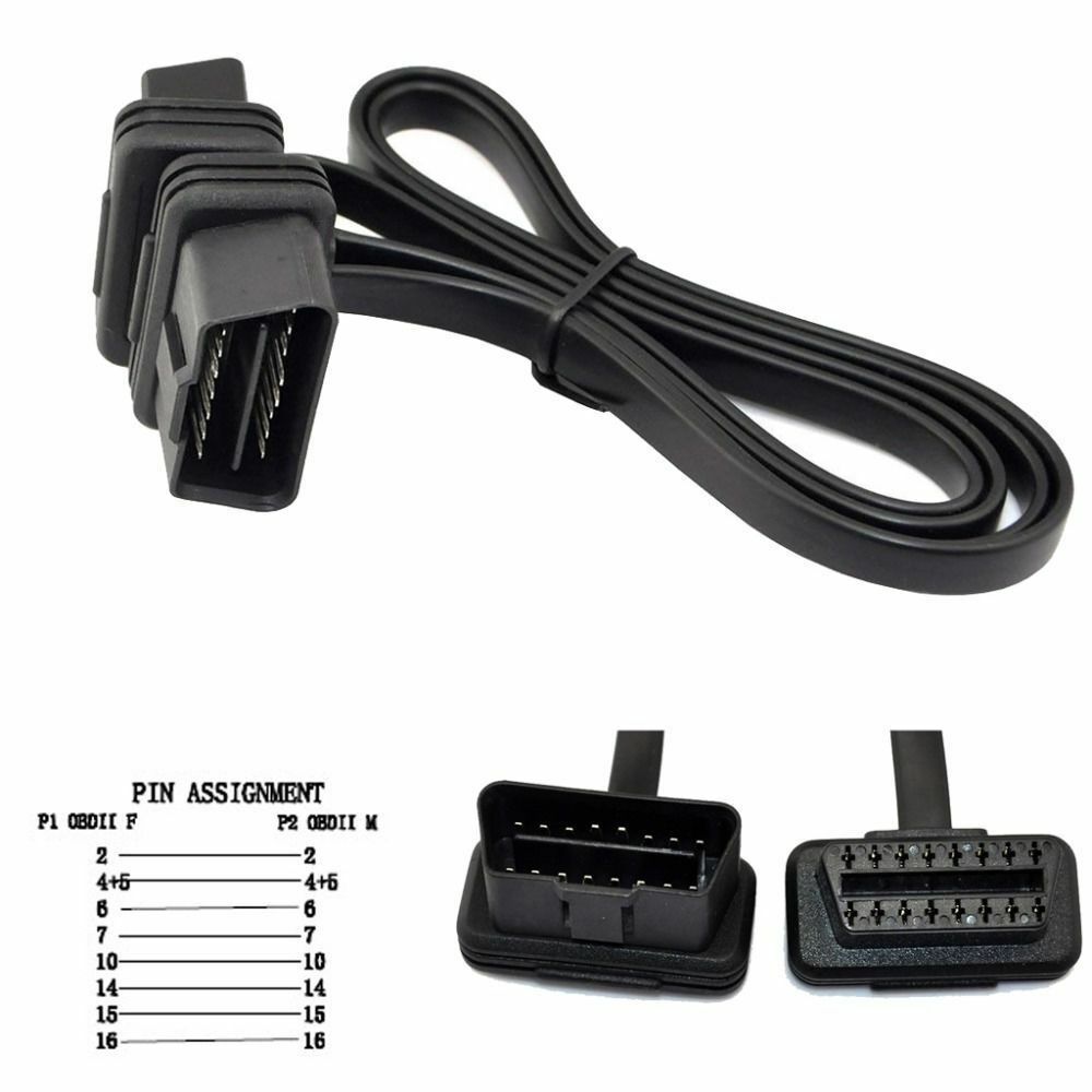 16 Pin Flat Noodle Male to Female Elbow 2FT OBD 2 Extension Diagnostic Cable -UK
