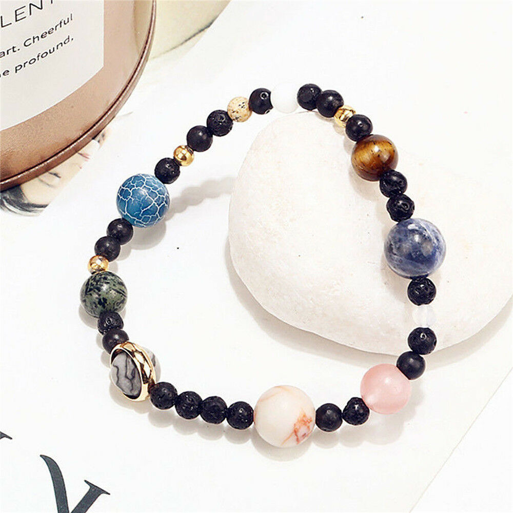 Weave Galaxy Solar System Eight Planets On Natural Stone Beads Women Bracelet