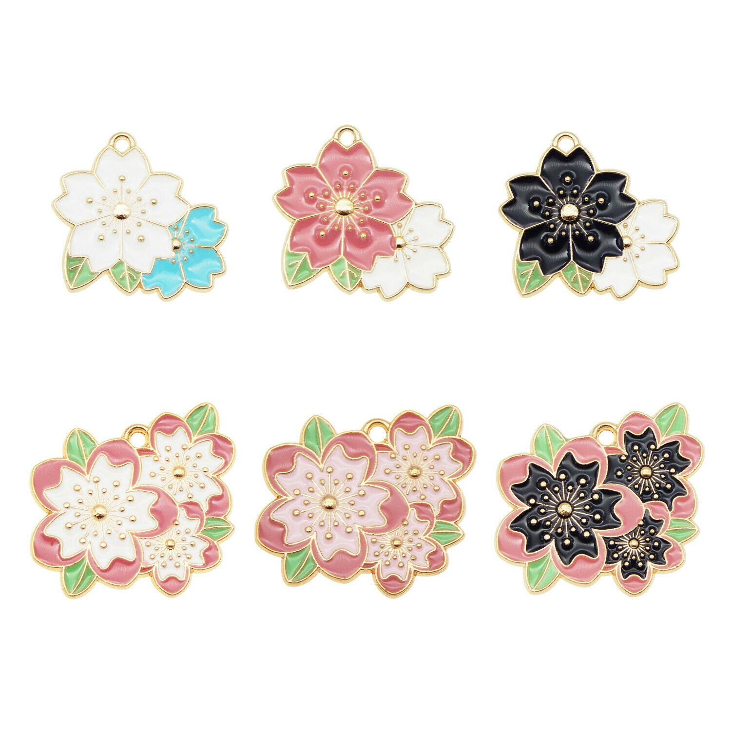 6 PCS Assorted Cheery Blossom Enamel Charm Flower Sakura Pendant Jewelry 25-32mm