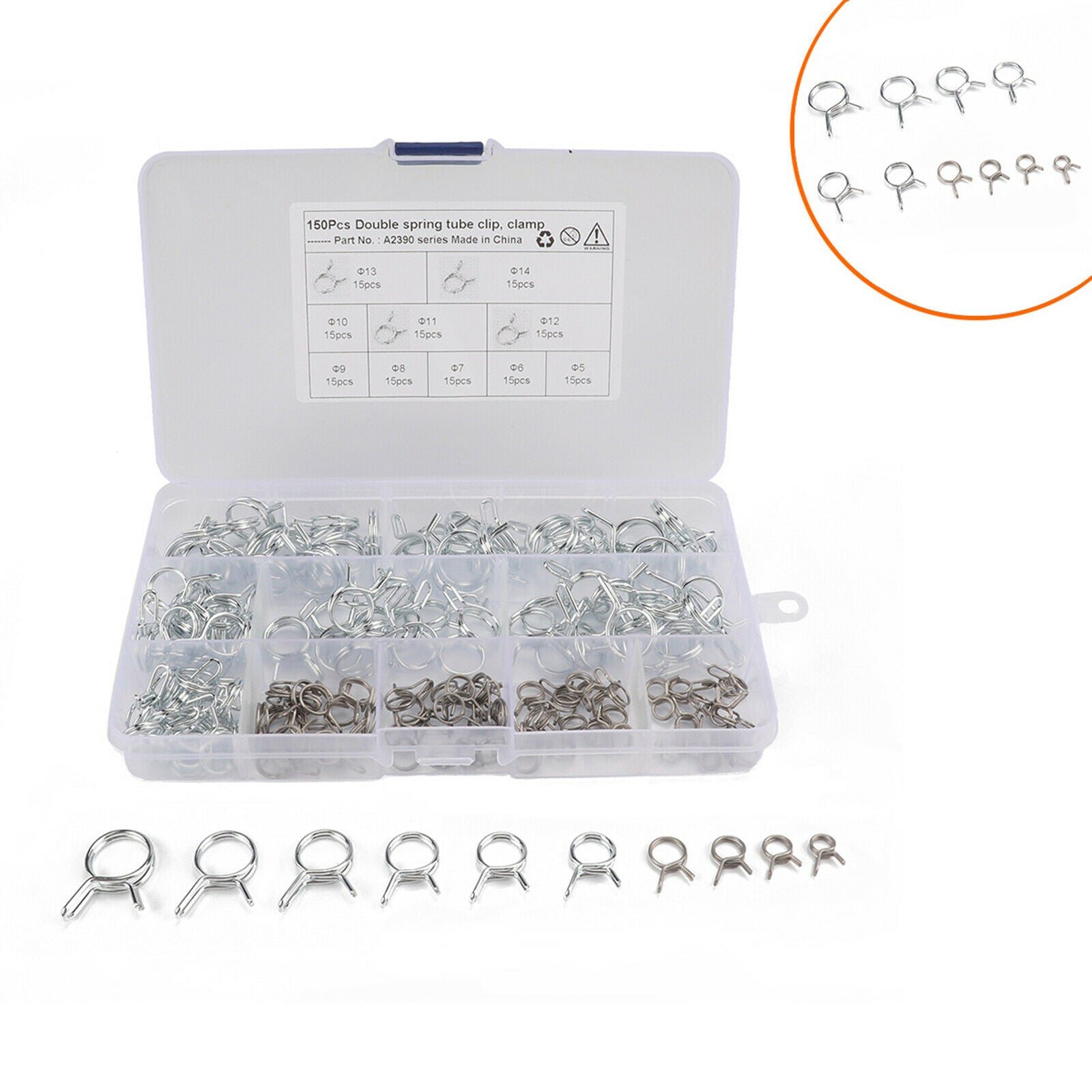 Set of 150 5-14mm Zinc Plated Fuel Line Hose Spring Clips Assortment Kit