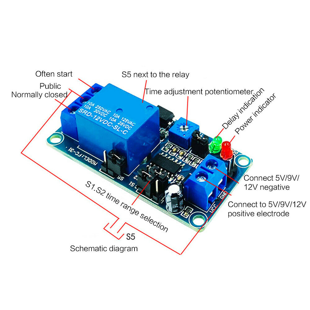DC12V Normal Open Time Delay Relay Control Switch Adjustable Potentiometer LED