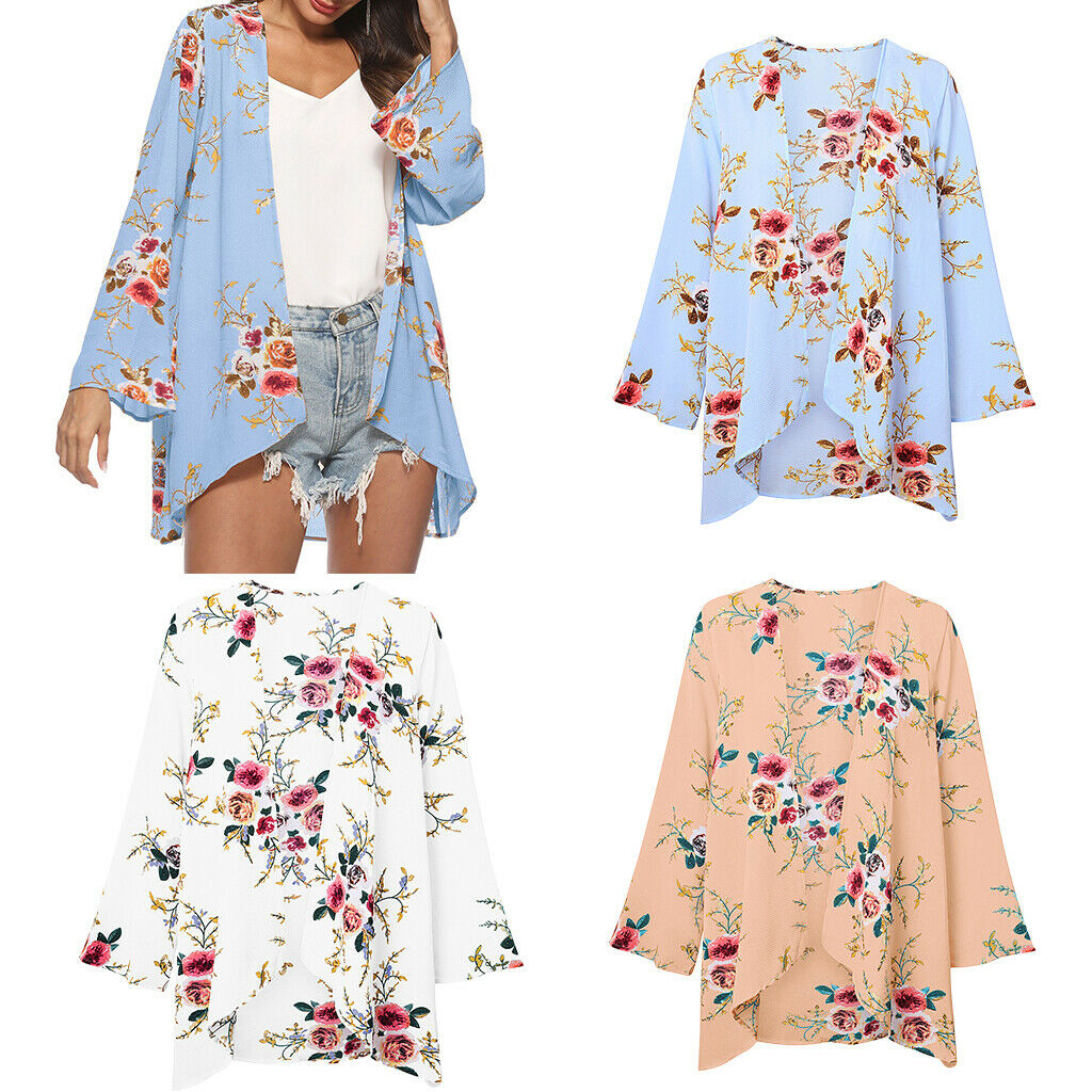 Women's Casual Floral Long Sleeve Chiffon Kimono Shawl Blouse Tops Blue M