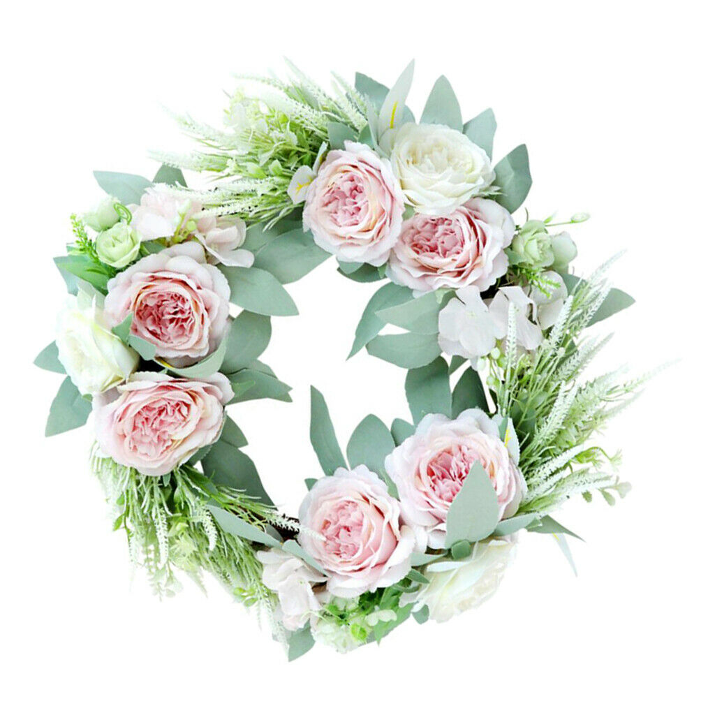 Artificial Flower Front Door Wall Wreath Garland Rose Wreath 45cm Pink