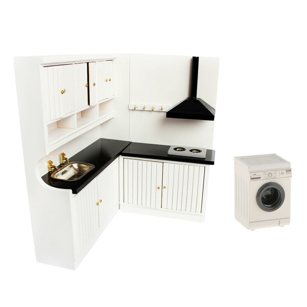 1:12 Mini Washing Machine with Sink Cabinet +Stove Cabinet Scenery Decor