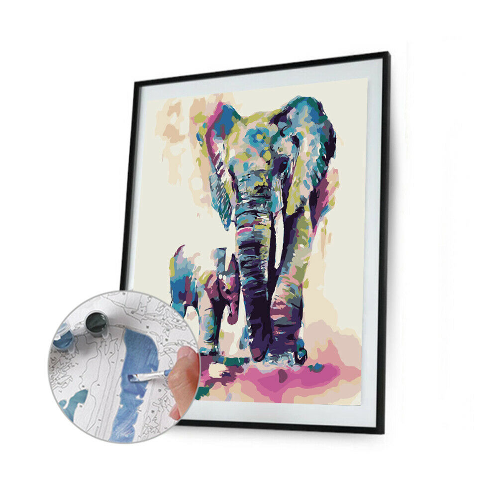 Colorful Elephant DIY Oil Painting By Numbers Hand Painted Wall Art Picture @